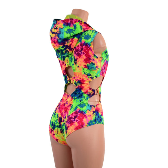 Neon Acid Splash Hooded O - Ring Romper with Siren Cut Leg - Coquetry Clothing