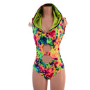 Neon Acid Splash Hooded O - Ring Romper with Siren Cut Leg - Coquetry Clothing