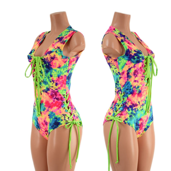 Neon Acid Splash Lace Up Romper with Siren Cut Leg - Coquetry Clothing