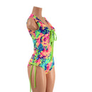 Neon Acid Splash Lace Up Romper with Siren Cut Leg - Coquetry Clothing