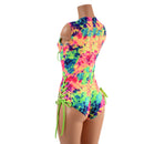 Neon Acid Splash Lace Up Romper with Siren Cut Leg - Coquetry Clothing