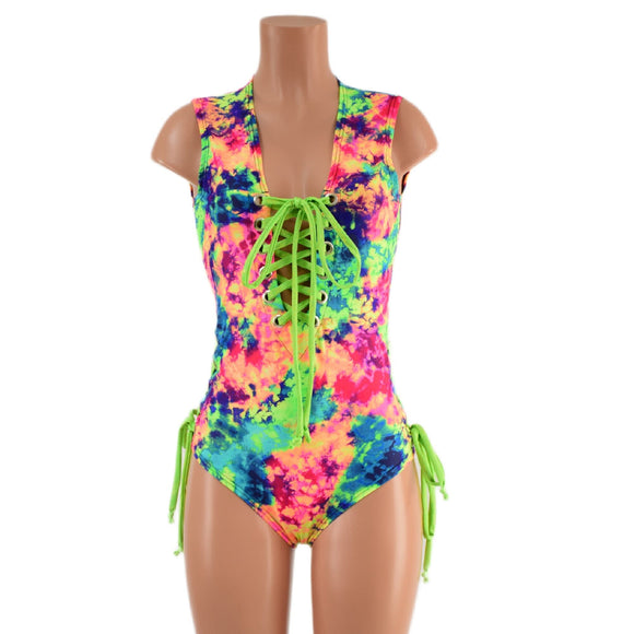 Neon Acid Splash Lace Up Romper with Siren Cut Leg - Coquetry Clothing