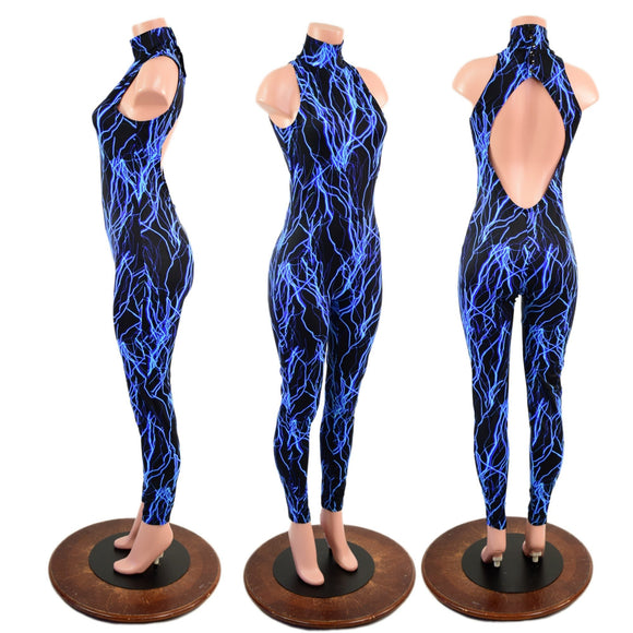 Neon Blue Lightning Backless Catsuit with Snap Back Turtleneck - Coquetry Clothing