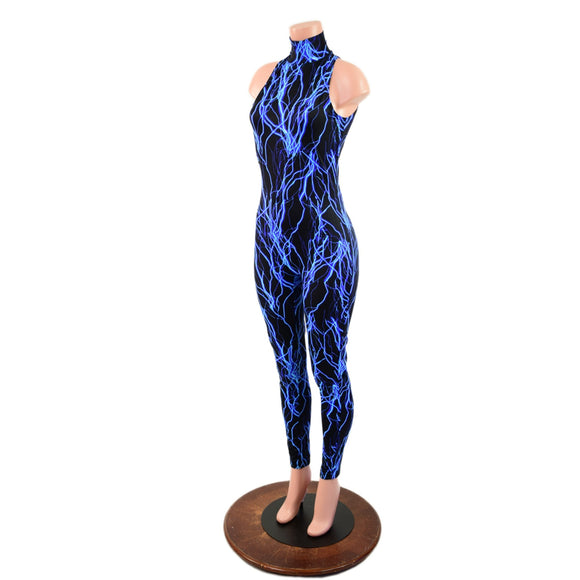 Neon Blue Lightning Backless Catsuit with Snap Back Turtleneck - Coquetry Clothing