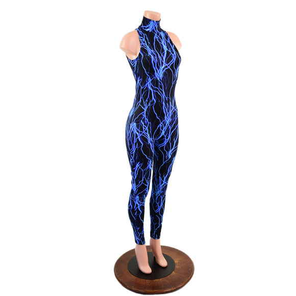 Neon Blue Lightning Backless Catsuit with Snap Back Turtleneck - Coquetry Clothing