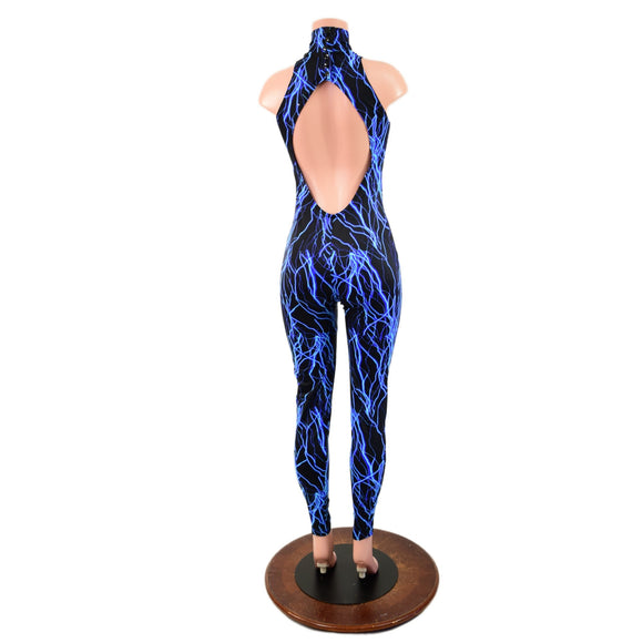 Neon Blue Lightning Backless Catsuit with Snap Back Turtleneck - Coquetry Clothing