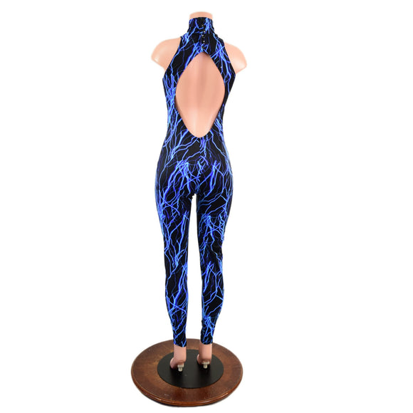 Neon Blue Lightning Backless Catsuit with Snap Back Turtleneck - Coquetry Clothing