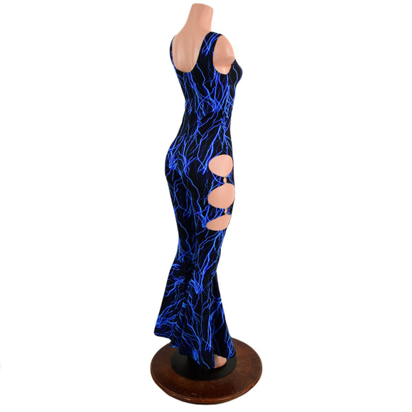 Neon Blue Lightning Oring Cutout Bell Bottom Catsuit - Coquetry Clothing