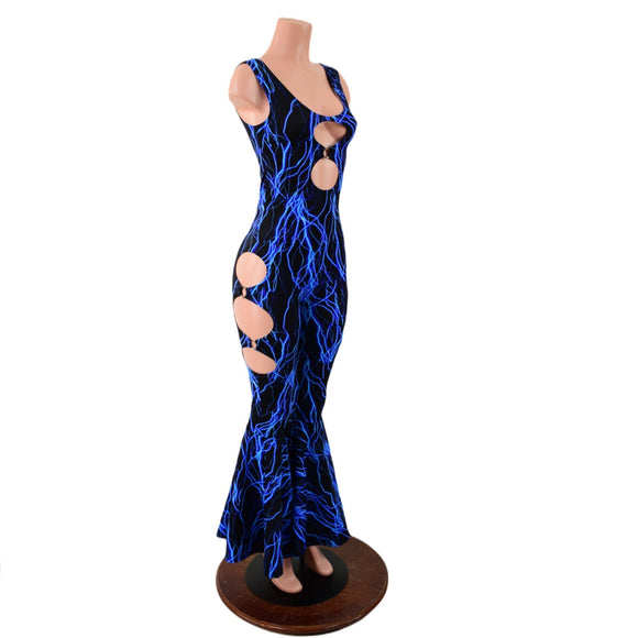 Neon Blue Lightning Oring Cutout Bell Bottom Catsuit - Coquetry Clothing
