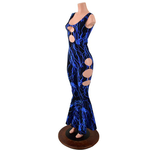 Neon Blue Lightning Oring Cutout Bell Bottom Catsuit - Coquetry Clothing