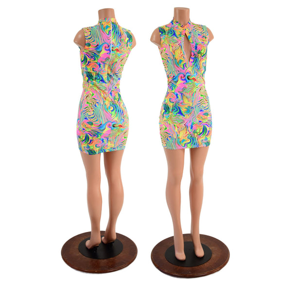 Neon Flux Bodycon Sleeveless Dress with Keyhole Neckline and Back Zipper - Coquetry Clothing