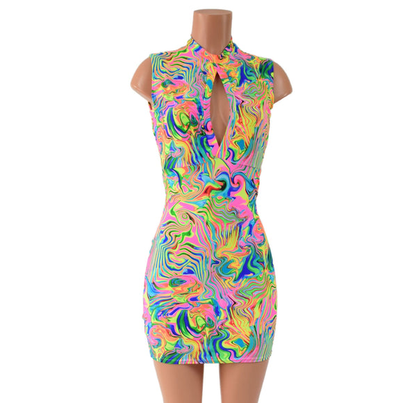 Neon Flux Bodycon Sleeveless Dress with Keyhole Neckline and Back Zipper - Coquetry Clothing