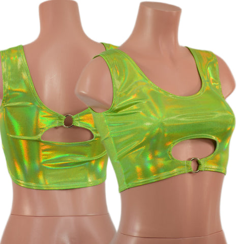 Neon Lime Holo High Or Low Reversible Cutout Oring Mini Crop - Coquetry Clothing