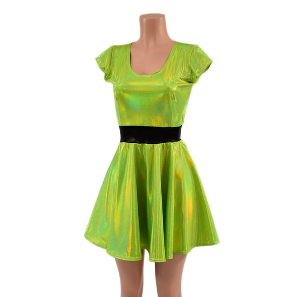 Neon Lime Holographic Cap Sleeve Skater Dress with Black Mystique Waistband - Coquetry Clothing