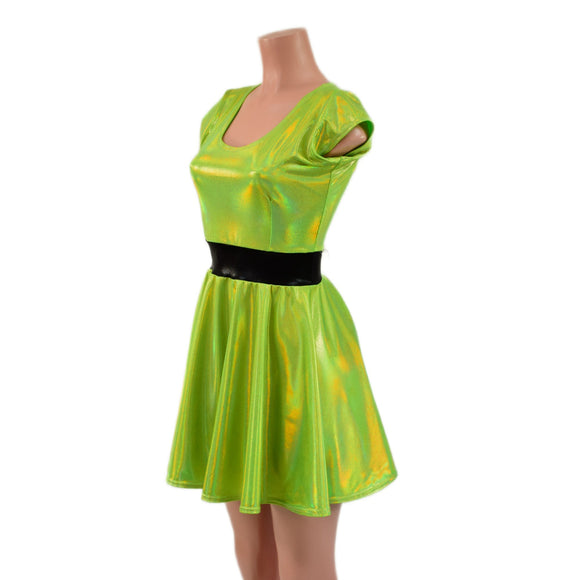Neon Lime Holographic Cap Sleeve Skater Dress with Black Mystique Waistband - Coquetry Clothing