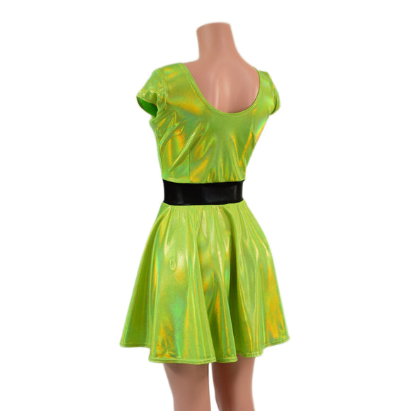 Neon Lime Holographic Cap Sleeve Skater Dress with Black Mystique Waistband - Coquetry Clothing