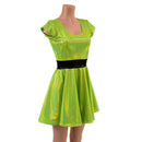 Neon Lime Holographic Cap Sleeve Skater Dress with Black Mystique Waistband - Coquetry Clothing