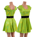 Neon Lime Holographic Cap Sleeve Skater Dress with Black Mystique Waistband - Coquetry Clothing