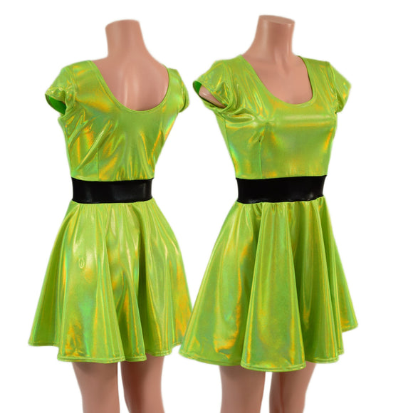 Neon Lime Holographic Cap Sleeve Skater Dress with Black Mystique Waistband - Coquetry Clothing
