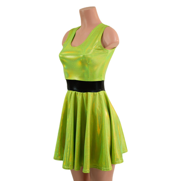 Neon Lime Holographic Tank Style Skater Dress - Coquetry Clothing