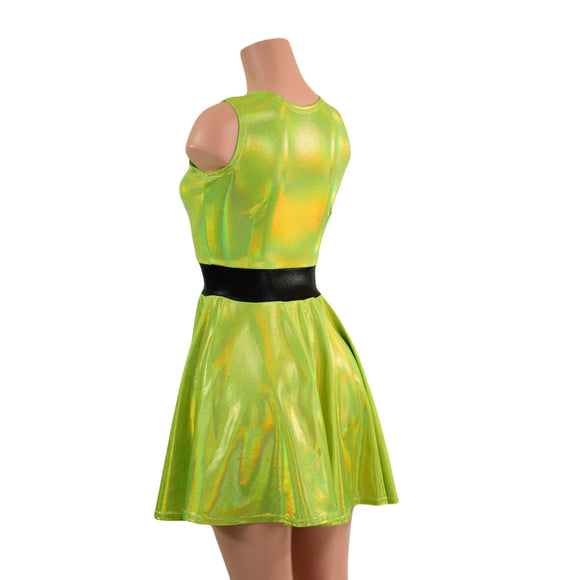 Neon Lime Holographic Tank Style Skater Dress - Coquetry Clothing