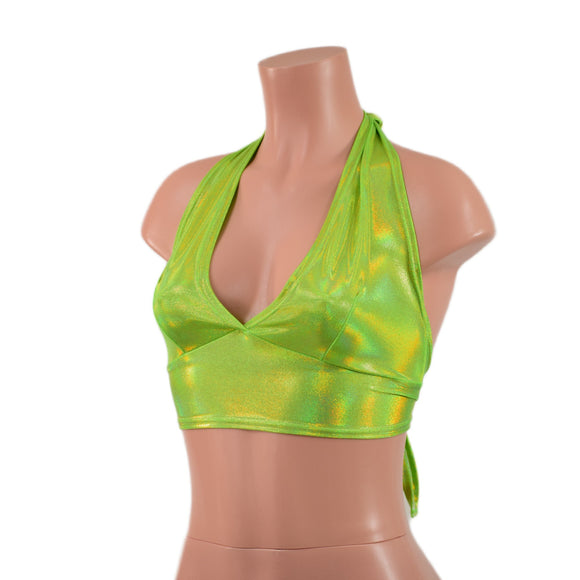 Neon Lime Holographic Tie Back Halter Top - Coquetry Clothing