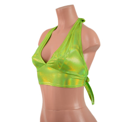 Neon Lime Holographic Tie Back Halter Top - Coquetry Clothing