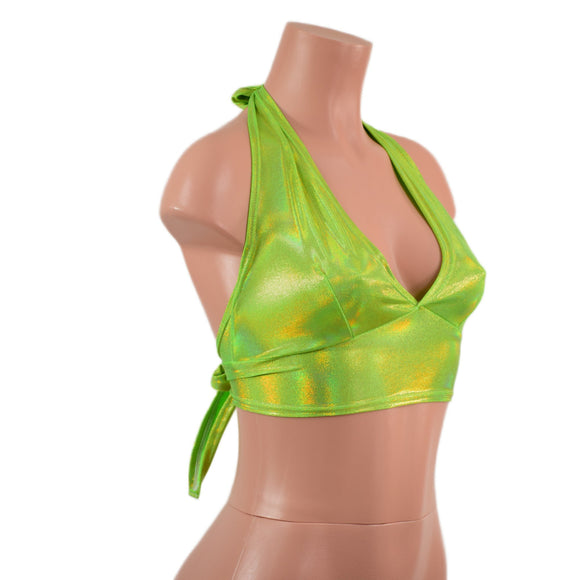 Neon Lime Holographic Tie Back Halter Top - Coquetry Clothing