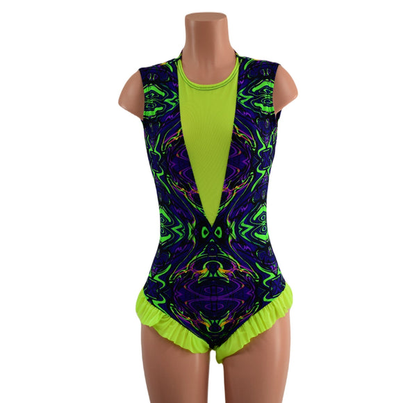Neon Melt Trapeze Romper with Mesh Lined Plunging V Neckline - Coquetry Clothing