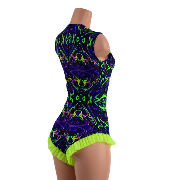 Neon Melt Trapeze Romper with Mesh Lined Plunging V Neckline - Coquetry Clothing
