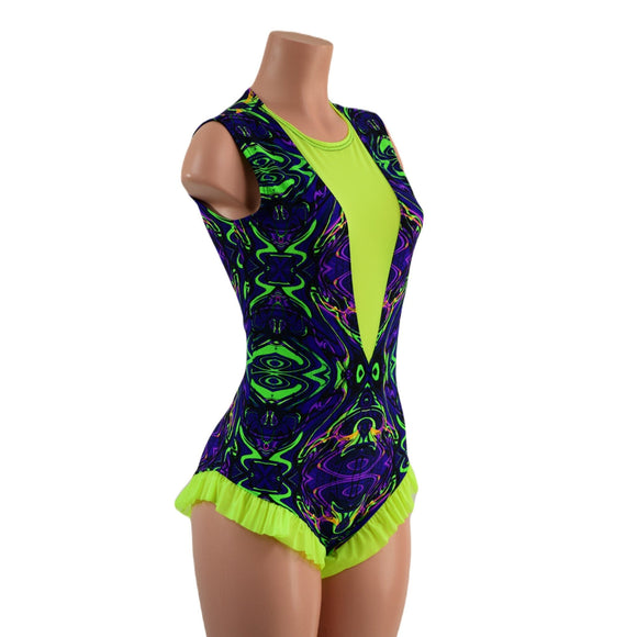Neon Melt Trapeze Romper with Mesh Lined Plunging V Neckline - Coquetry Clothing