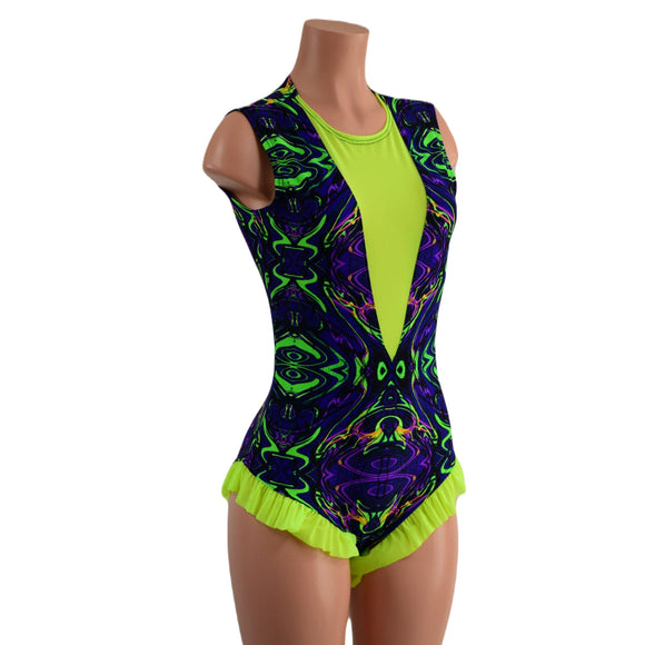 Neon Melt Trapeze Romper with Mesh Lined Plunging V Neckline - Coquetry Clothing