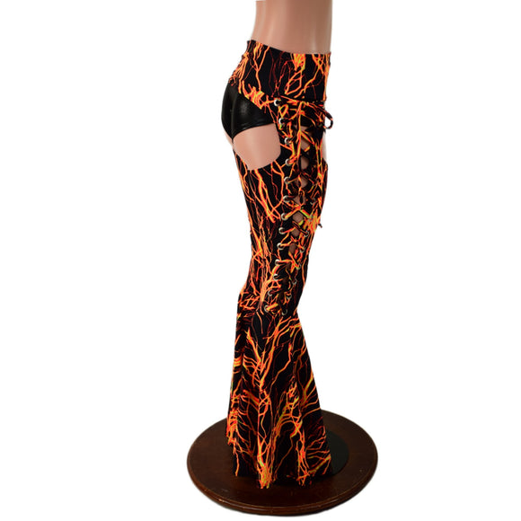 Neon Orange Lightning Lace Up Bell Bottom Chaps - Coquetry Clothing