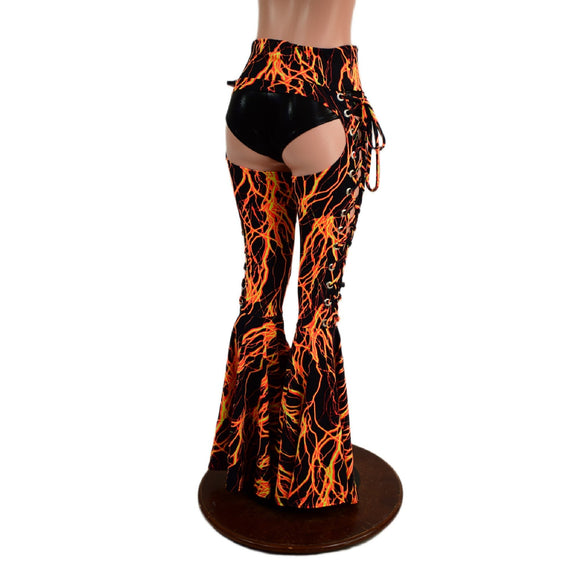 Neon Orange Lightning Lace Up Bell Bottom Chaps - Coquetry Clothing