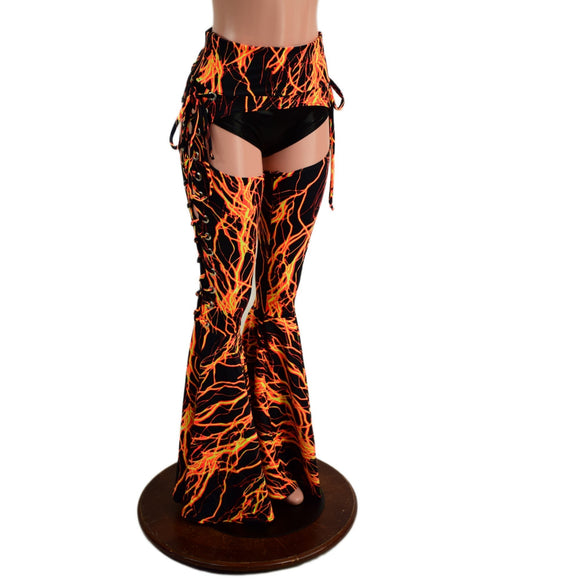 Neon Orange Lightning Lace Up Bell Bottom Chaps - Coquetry Clothing