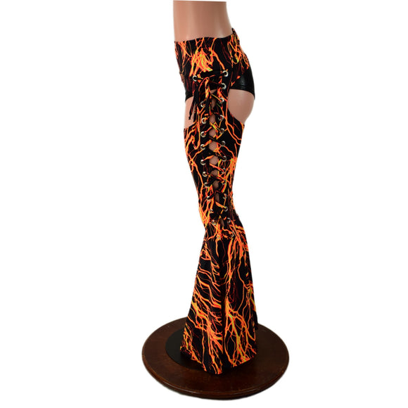 Neon Orange Lightning Lace Up Bell Bottom Chaps - Coquetry Clothing