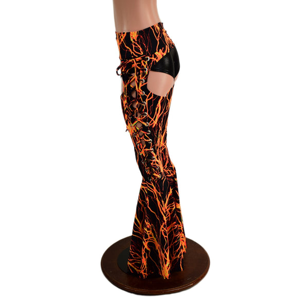 Neon Orange Lightning Lace Up Bell Bottom Chaps - Coquetry Clothing