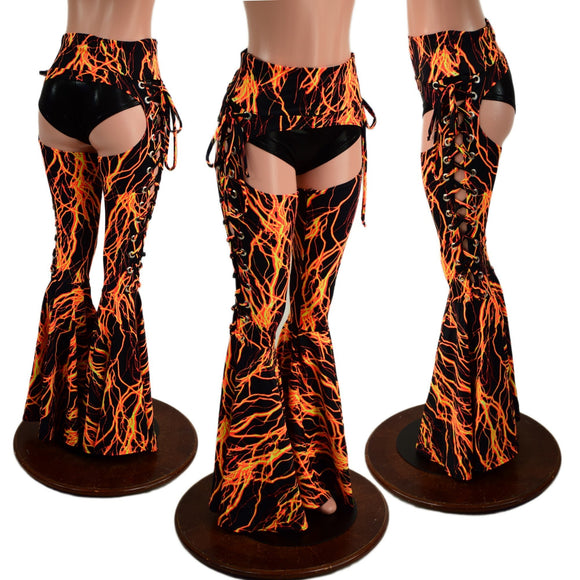 Neon Orange Lightning Lace Up Bell Bottom Chaps - Coquetry Clothing
