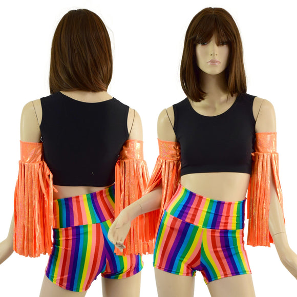Neon Orange Sparkly Jewel Fringed Wrestling Arm Bands with Slide Ties - Coquetry Clothing