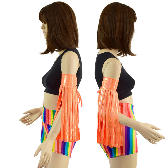 Neon Orange Sparkly Jewel Fringed Wrestling Arm Bands with Slide Ties - Coquetry Clothing