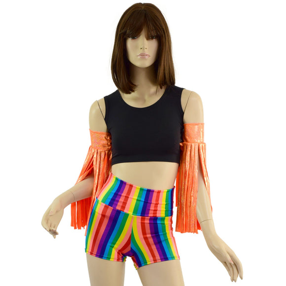 Neon Orange Sparkly Jewel Fringed Wrestling Arm Bands with Slide Ties - Coquetry Clothing
