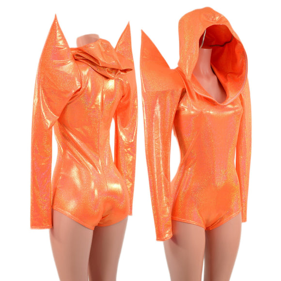 Neon Orange Sparkly Jewel Mega Sharp Shoulder Hooded Romper - Coquetry Clothing
