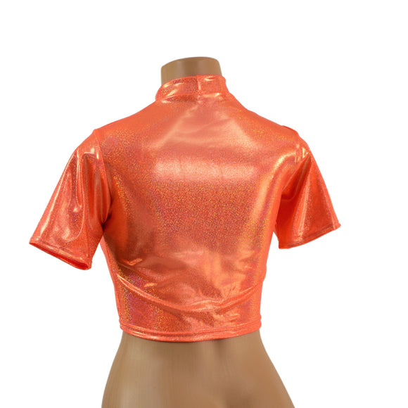 Neon Orange Sparkly Jewel Tee Sleeve Crop Top - Coquetry Clothing