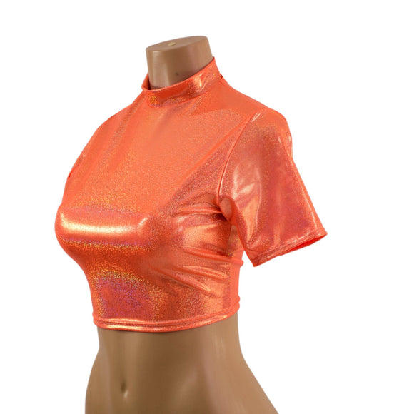 Neon Orange Sparkly Jewel Tee Sleeve Crop Top - Coquetry Clothing