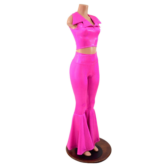 Neon Pink Bell Bottom Flares and Sleeveless Crop Top with Showtime Collar - Coquetry Clothing
