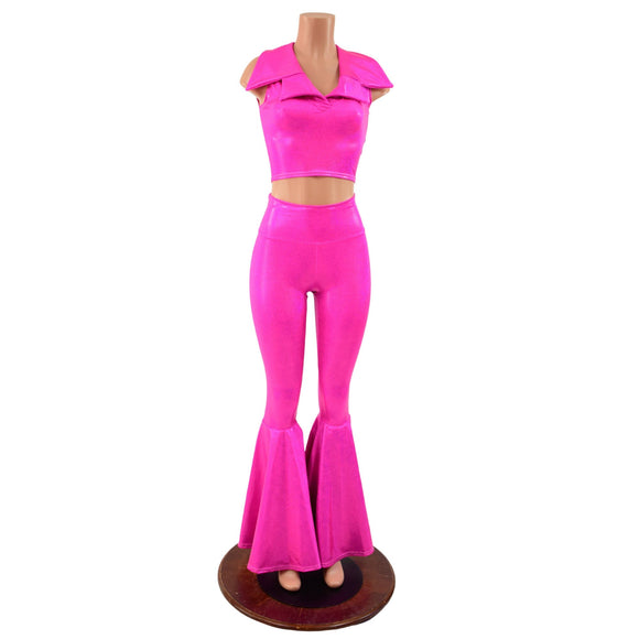 Neon Pink Bell Bottom Flares and Sleeveless Crop Top with Showtime Collar - Coquetry Clothing