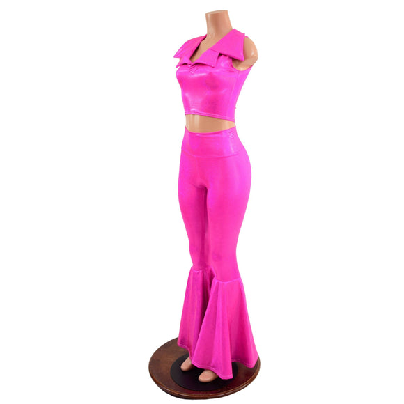 Neon Pink Bell Bottom Flares and Sleeveless Crop Top with Showtime Collar - Coquetry Clothing
