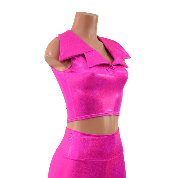 Neon Pink Bell Bottom Flares and Sleeveless Crop Top with Showtime Collar - Coquetry Clothing