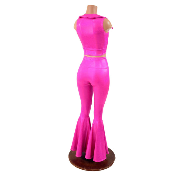 Neon Pink Bell Bottom Flares and Sleeveless Crop Top with Showtime Collar - Coquetry Clothing