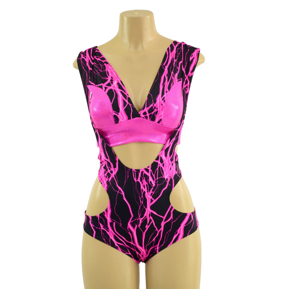 Neon Pink Lightning Hipnotic Suspender Romper and Starlette Bralette Set - Coquetry Clothing